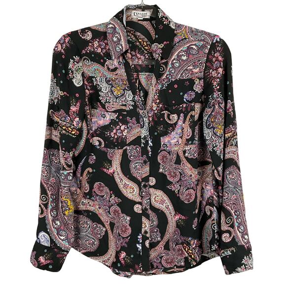 Express Womens Portofino Shirt Black Pink Paisley Print Art Button Up Down sz XS - Picture 2 of 9